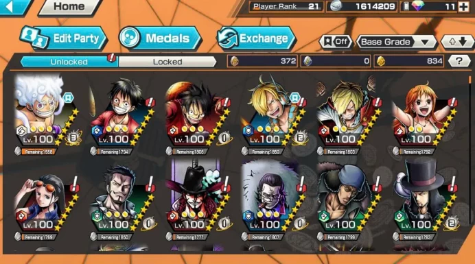 BR608-IOS+Android-Gear 5 v2 Boost 3 43/52+3 Ex Max(Sabo+Akainu)+834 Frag+Good Medal+Support 147%+Sanji Max+Oden v2 Max+Law Max+Kalgara+Amaraki