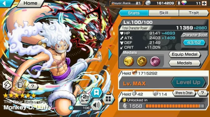 BR608-IOS+Android-Gear 5 v2 Boost 3 43/52+3 Ex Max(Sabo+Akainu)+834 Frag+Good Medal+Support 147%+Sanji Max+Oden v2 Max+Law Max+Kalgara+Amaraki