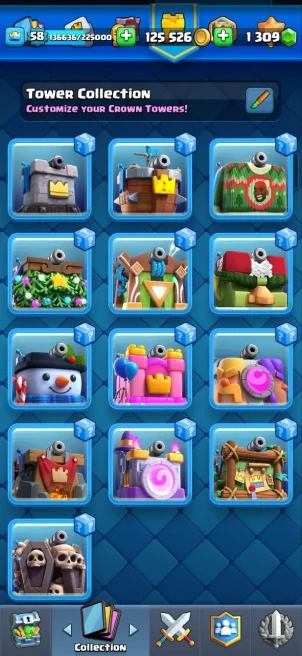 Clash royal (Android/iOS)KT 15 - lvl 58 - Cards121 /121/eliteCard 13/ Max Card 59/evo card14/Emote 176 / skin tower 13 /Fast delivery/Cheap sale