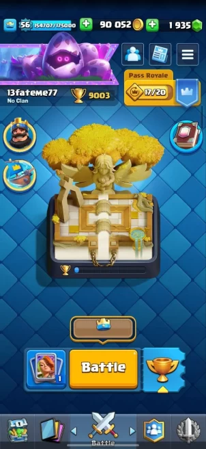 Level 56 | 75 Max Cards (8 Elite) 1 Max Tower (Elite) 13 Evolutions | 71 Emotes | 8 Tower Skins 9,003 Trophies | 1,935 Gems Free Name Change