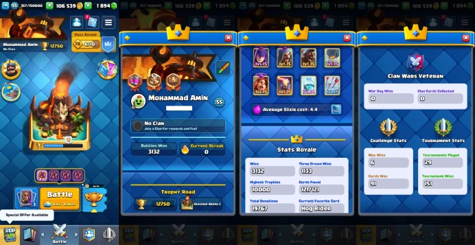KT 15 | Level 55 | 10 Evo Cards |(8Cards LvL15 || 22Cards LvL14) | 77 Emotes | 4 Tower Skins| Q559