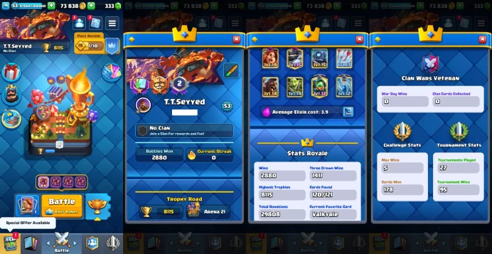 KT 14 | Level 53 | 14 Evo Cards |(4Cards LvL15 || 23Cards LvL14) | 78Emotes | 9Tower Skins| Q560