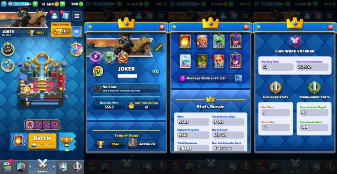 KT 15 | Level 55 |3 Evo Cards |(6Cards LvL15 || 46Cards LvL14) | 59Emotes | 9Tower Skins| Q565