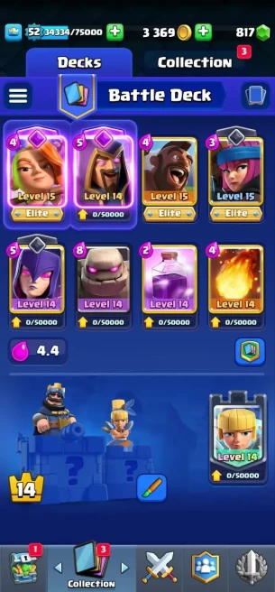 (Android/iOS) KT14 - lvl 52 - elite 3 evo cart 4 Cards117/120 - Max Card 25 _lvl 13 card 7 /Emote 41 / skin tower 6 trophy 9060