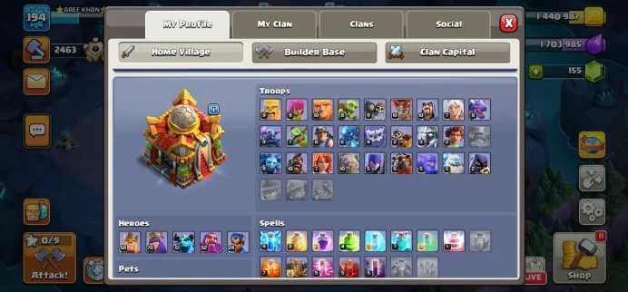 Clash of Clans (Android/iOS) SC ID- [Big Sale] TH 16 - Level 194- Heroes(58/79/52/24) - Build 9 - Cheapest price