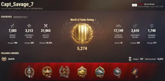 [NA/US]  27 TIER X | 157 PREMIUM TANK | [10] 121B | [10] FV215b | 84 420 GOLD | TOTAL TANKS 483 | 21 065 (50%) wins 
