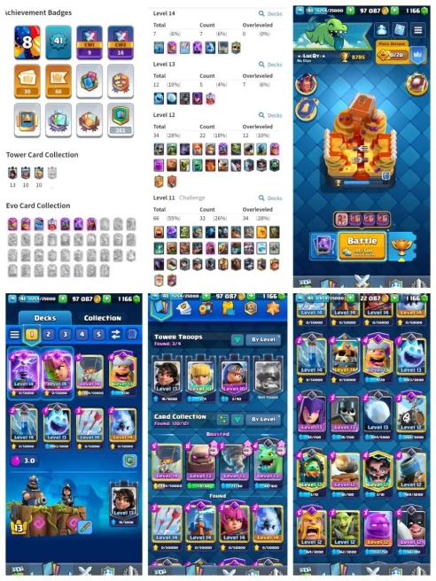 R93【KT 14_LVL 42】7 EVO▰8 CARD MAX▰30 RARE EMOTE▰7 CARD LVL 13▰8.7K TROPHY▰8 YEAR PLAYED▰4 TOWER SKIN▰100K GOLD▰ARENA 22