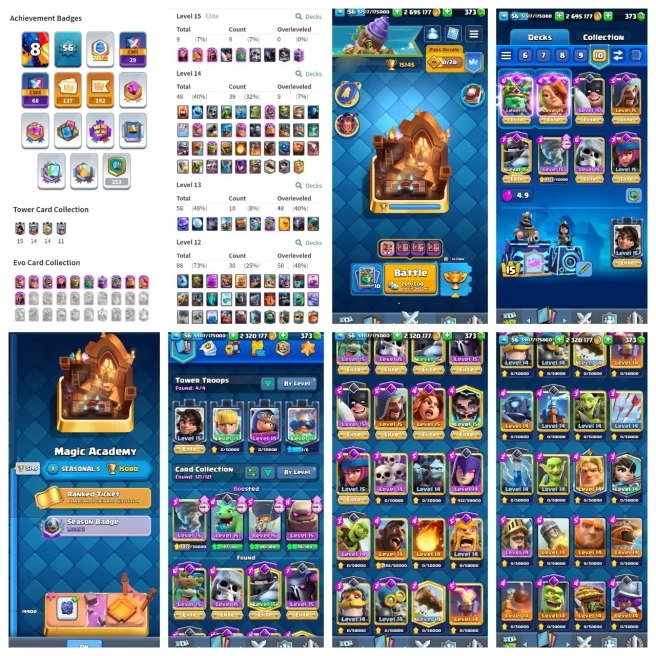 R103【KT 15_LVL 56】CRL Spectators & Emote▰15K TROPHY▰11 EVO▰9 ELITE▰48 CARD MAX▰17 TOWER SKIN▰137 EMOTE▰9 YEAR PLAYED▰2.6M GOLD▰NC 1K