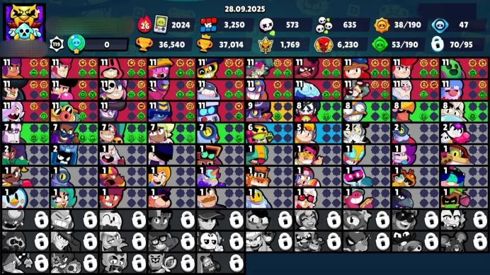 B9【 70/95 BRAWLERS 】23 HYPERCHARGED▰25 BRAWLER MAX▰36.5K TROPHY▰EXP LVL 119▰127 SKIN▰OG ACCOUNT