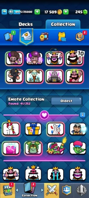 Clashroyall (Android/iOS)  KT 14 -lvl 41 -Cards 109 /120 -  Max Card 15 / Lvl 12 Card 25 / Emote 41 / Tower skin 6 /Fast delivery