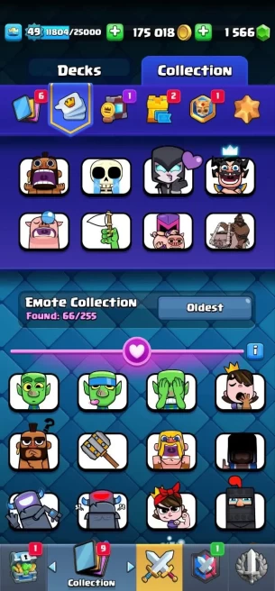 Clashroyall (Android/iOS)  KT 14 -lvl 49 -Cards 118 /120 -  Max Card 14 / Lvl 15 Card 3/evo card 11/ Emote 66 / Tower skin 7 /Fast delivery
