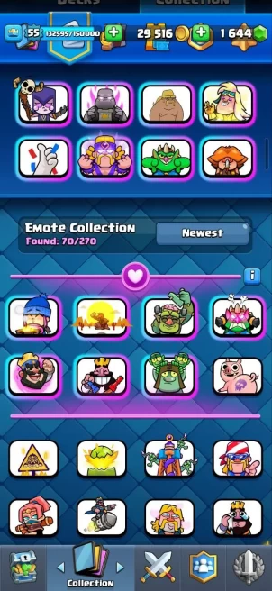 Clash royal (Android/iOS) KT 15 - lvl 55 - Cards121 /121/eliteCard 8/ Max Card 48/evo card12/Emote 70 / skin tower 8 /Fast delivery/Cheap sale