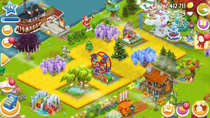 SALE Level 94 barn 2450 silo 1100. Available 7mcoins-2000 vouchers-18 tickets. Beautifully decorated with ferris wheel - magic tree-word Hayday.