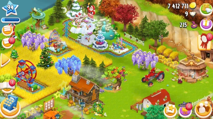 SALE Level 94 barn 2450 silo 1100. Available 7mcoins-2000 vouchers-18 tickets. Beautifully decorated with ferris wheel - magic tree-word Hayday.
