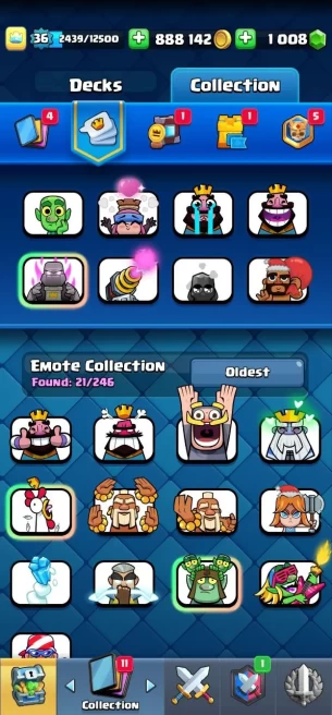 Clashroyall (Android/iOS) KT12 - lvl36  - Cards114 /120 - Max Card 3 _lvl 13 card 3 /Emote 21 / skin tower 2 /Fast delivery