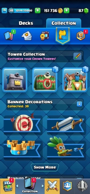 Clashroyall (Android/iOS) KT13 - lvl38  - Cards106 /120 - Max Card 10 _lvl 13 card 1 /Emote 39 / skin tower 3 /Fast delivery