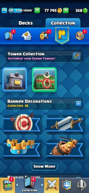 Clashroyall (Android/iOS) KT12 - lvl34  - Cards107 /120 - Max Card 3 _lvl 12 card 4 /Emote 27 / skin tower 2 /Fast delivery
