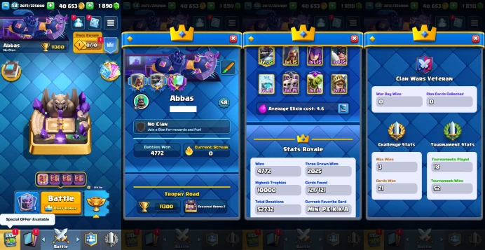 KT 15| Level 58 |14 Evo Cards |(15Cards LvL15 || 38Cards LvL14) | 56 Emotes | 4 Tower Skins| Q547
