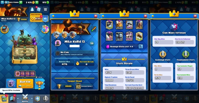 KT 15 | Level 58 |14 Evo Cards |(12Cards LvL15 || 18Cards LvL14) | 64 Emotes | 6 Tower Skins| Q566