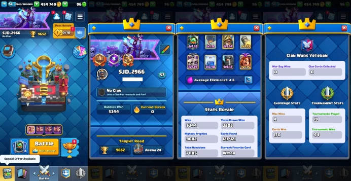 KT 15| Level 57 |17 Evo Cards |(10Cards LvL15 || 52Cards LvL14) | 76 Emotes | 5 Tower Skins| Q570