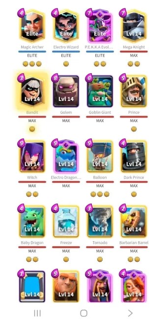 Clash royal (Android/iOS) KT 15 - lvl 53 - Cards121 /121/eliteCard 3/ Max Card 36/evo card8/Emote 112 / skin tower 7 /Fast delivery/Cheap sale