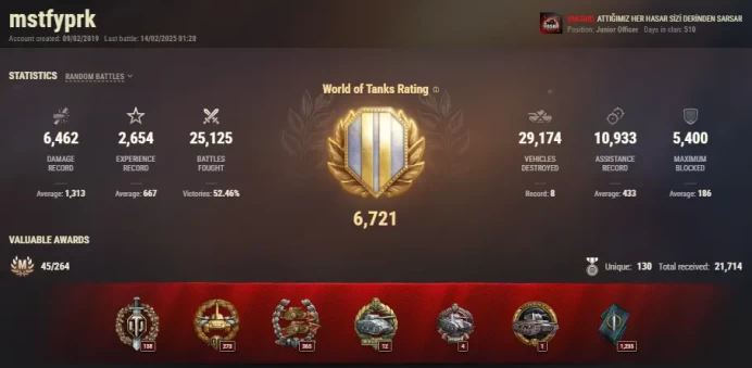  [EU] 15 TIER X | 97 PREMIUM TANK | [10] Carro 45 t |  25 125 (52%) WINS | 15 067 593 SILVER | 6396 GOLD | TOTAL TANKS 235 | BEST