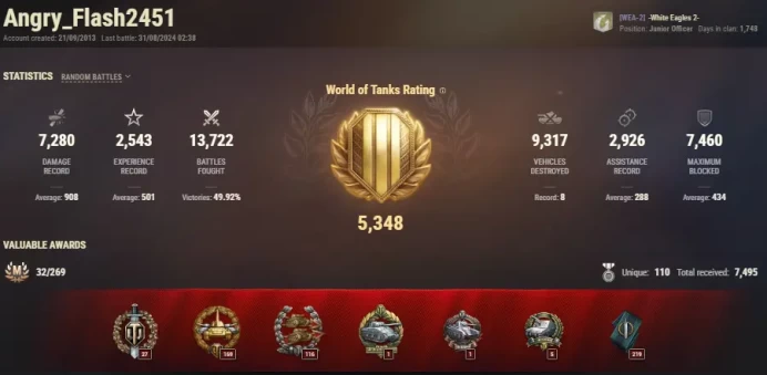 [EU] 12 TIER X | 75 PREMIUM TANK | [10] FV215b | TOTAL TANKS 107 | 13 726 (50%) WINS | 2 098 830 SILVER | BEST