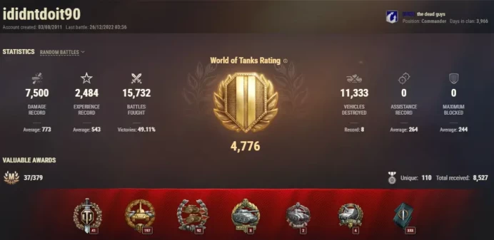 [NA/US] 11 TIER X | 113 PREMIUM TANK | 523 GOLD | TOTAL TANKS 186 | 15 732 (49%) WINS | 8 001 418 SILVER | BEST