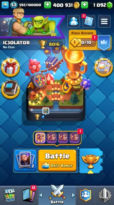 ◄ KT 14 ► LVL 53 ◆ 8016 CUPS◆ 109 CARD ◆ 31 MAX ◆ LEVEL 15 [1]  ◆ LEVEL 14 [30] ◆ 40 EMOTES ◆ 1 EVO ◆ 2 SKINS ◆ 400k GOLD ◆ 1092 GEMS ◆ RL40
