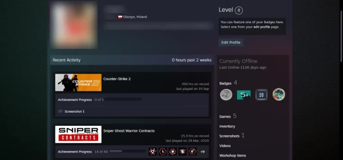 8 Level Steam_Last Online 3 year ago_+5 other games_<45 Days Warranty>_ 2015 Service Medal , 10Y_NO VAC_Loyalty,5Y,Global_350hrs