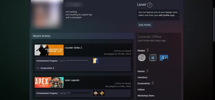 2016 Service Medal , 10Y _ FaceIt _ 7 LEVEL STEAM_ << 30 Days Warranty >> _Last Online 600 days ago_ NO VAC_ Loyalty, 5Y, Global_270 hrs