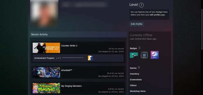 PRIME_+5 other games_ Face It_ 7 LEVEL STEAM << 30 Days Warranty >>_ Last Online 1 year ago_ NO VAC_ 10Y, 5Y, , Global Badge_63 hrs_