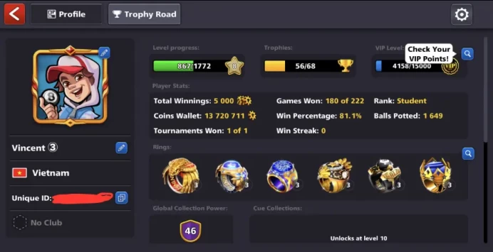 Premium Account |  Gold VIP Tier |  Level 46 | Max Rising Power Cue + 40+ Cues Owned |  13M+ Coins Balance |  Rare Collection