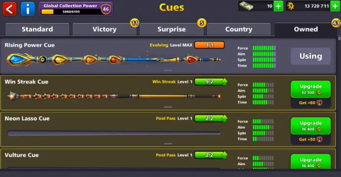 Premium Account |  Gold VIP Tier |  Level 46 | Max Rising Power Cue + 40+ Cues Owned |  13M+ Coins Balance |  Rare Collection