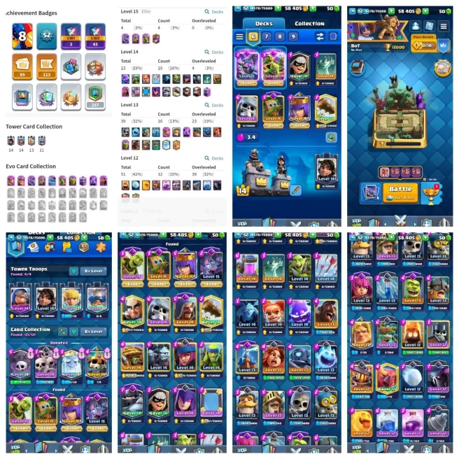 102【KT 14_LVL 52】10 EVO▰2 ELITE▰23 CARD MAX▰12K TROPHY▰85 RARE EMOTE▰8 YEAR PLAYED▰NC 500
