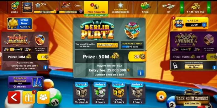 Berlin Ring  Level 70  1B Coins  Maxed 6 Cues