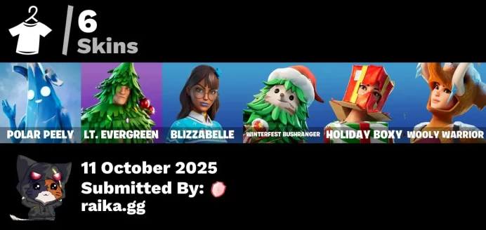 [PC/PSN/XBOX] 6 skins | Polar Peely | Lt. Evergreen | Blizzabelle | Winterfest Bushranger | Holiday Boxy | Wooly Warrior | Apocalypse Shroud