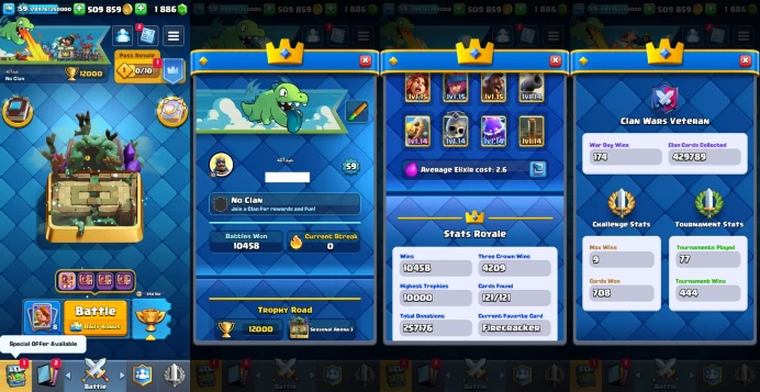 KT 15 | Level 59 |9 Evo Cards |(15Cards LvL15 || 85Cards LvL14) | 46 Emotes | 8 Tower Skins| Q558