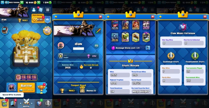 KT 15 | Level 55 | 11 Evo Cards |(10Cards LvL15 || 27Cards LvL14) | 33 Emotes | 6 Tower Skins| Q571