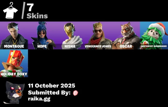 [PC/PSN/XBOX] 7 skins | Montague | Hope | Nisha | Vengeance Jones | Oscar | Winterfest Bushranger | Holiday Boxy | Legend's Modkit