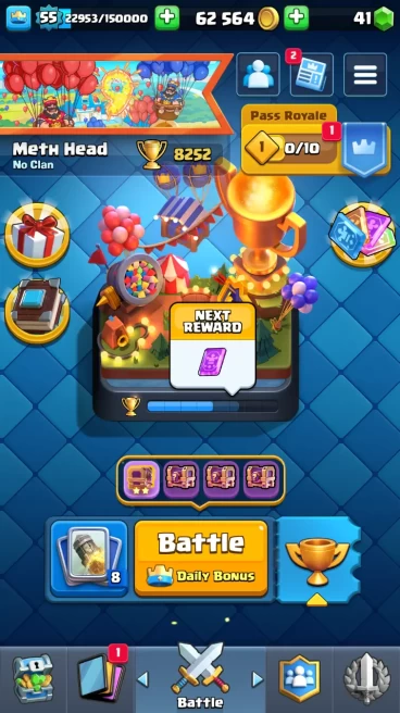 ◄ KT 15 ► LVL 55 ◆ 8252 CUPS ◆ 14 MAX CARD ◆ LEVEL 15 [9] ◆ LEVEL 14 [5] ◆ 52 EMOTES ◆ 14 EVO ◆ 11 SKINS ◆ 62k GOLD ◆ 41 GEMS ◆ RL56