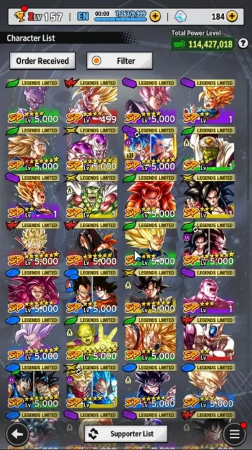 114M Total Power |LV 157| 2 UL + 33 LL | Beast Gohan, Super Saiyan 4 Vegeta, Etc | Android | Check SS |(DBL780)