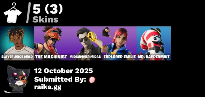 [PC/PSN/XBOX] 5 skins | Slayer Juice WRLD | The Machinist | Midsummer Midas | Explorer Emilie | Mr. Dappermint | Gwenpool's Katanas