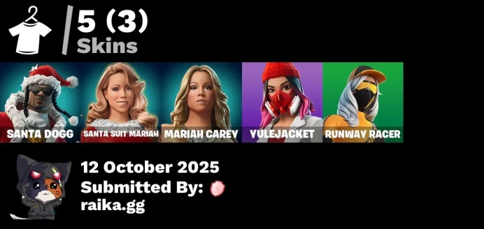 [PC/PSN/XBOX] 5 skins | Santa Dogg | Santa Suit Mariah | Mariah Carey | Yulejacket | Runway Racer | Spectra Protector | Apocalypse Shroud