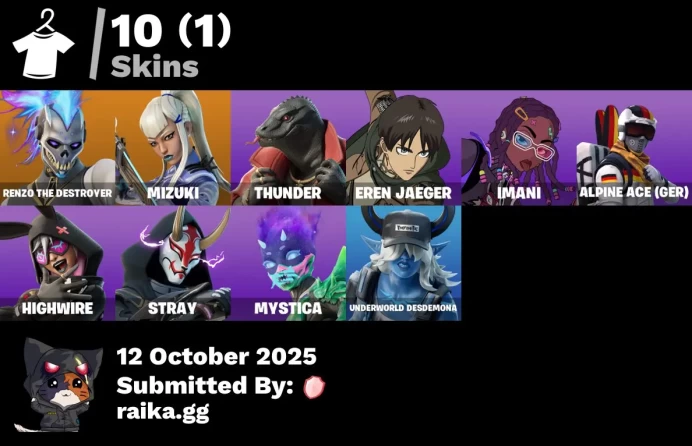 [PC/PSN] 10 skins | Renzo the Destroyer | Mizuki | Thunder | Eren Jaeger | Imani | Alpine Ace (GER) | Highwire | Stray | Mystica