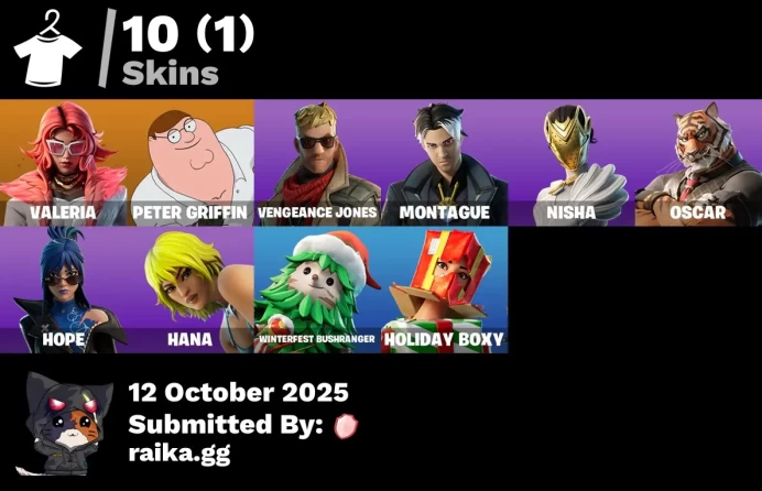 [PC/PSN/XBOX] 10 skins | Valeria | Peter Griffin | Vengeance Jones | Montague | Nisha | Oscar | Hope | Hana | Winterfest Bushranger