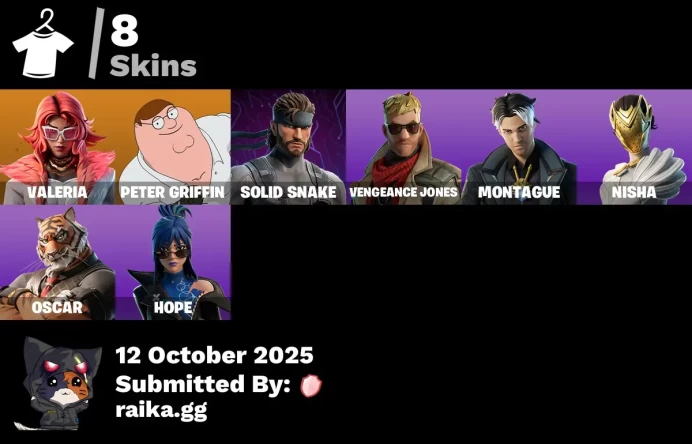 [PC/PSN/XBOX] 8 skins | Valeria | Peter Griffin | Solid Snake | Vengeance Jones | Montague | Nisha | Oscar | Hope | Spectra Protector