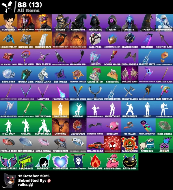 [PC/PSN/XBOX] 10 skins | Son Gohan | Molten Valkyrie | Molten Battle Hound | Graven | Xenomorph | NeuraLynx | CRZ-8 | Infinity | P33LY | 