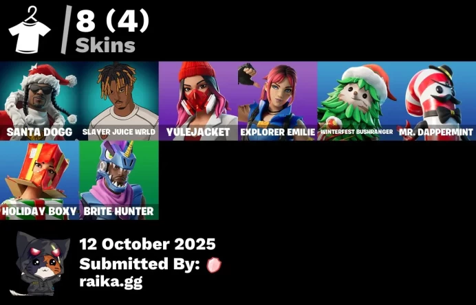 [PC/PSN/XBOX] 8 skins | Santa Dogg | Slayer Juice WRLD | Yulejacket | Explorer Emilie | Winterfest Bushranger | Mr. Dappermint | Holiday Boxy