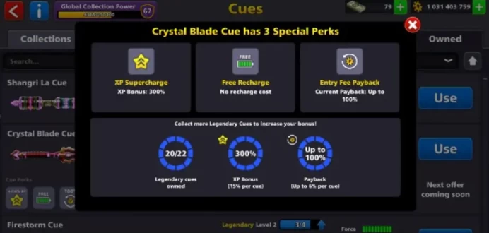 1B+ coins | LEVEL-250| 20/20 legendary cues | 6 legendary cues max |Total 40+ cues maxed out |CCP-67 |Secured account |Facebook link possible